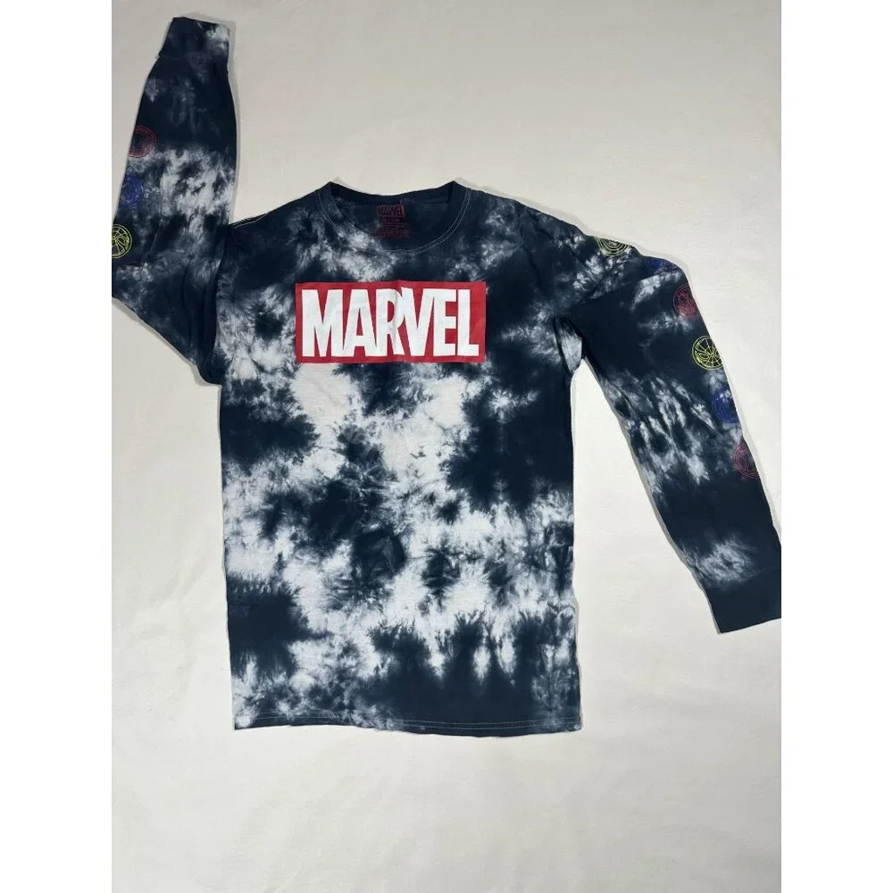 💥 Marvel Logo Blue Tie Dye Long Sleeve Graphic T-Shirt Small 💥 - Picture 4 of 6